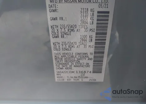 2021 Nissan Murano Sl Fwd z USA, uszkodzony, nr VIN 5N1AZ2CJ1MC136874